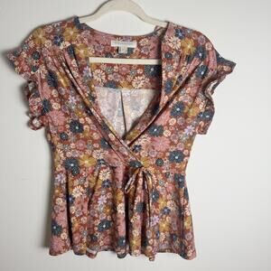 MONTEAU Women’s Y2KFloral TopXL Boho Short Sleeve Peplum Blouse Rust Multicolor